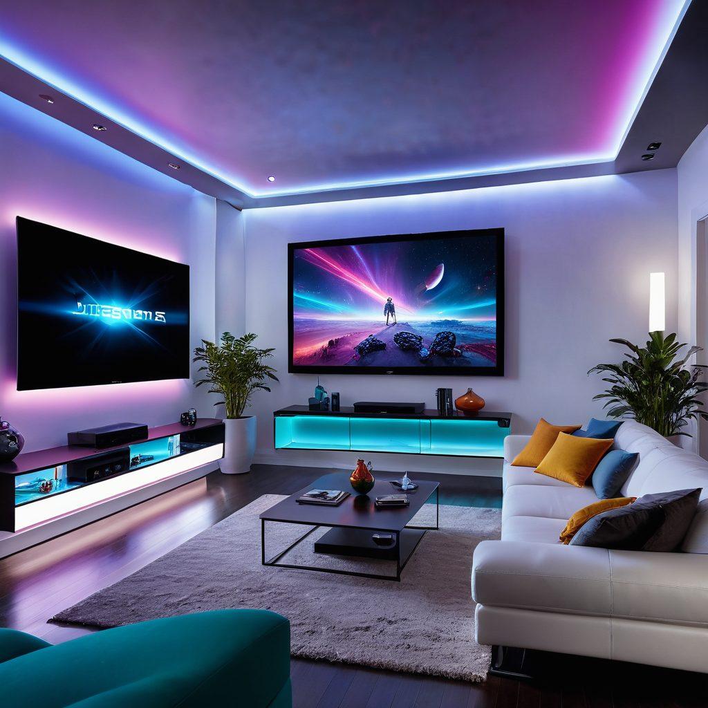 A futuristic living room with a large, holographic screen displaying diverse streaming content and interactive video games. Include a cozy sofa with people of various ages enjoying the entertainment, surrounded by colorful ambient lighting. Showcase innovative devices and gadgets, along with artistic elements that signify creativity and technology. super-realistic. vibrant colors. white background.