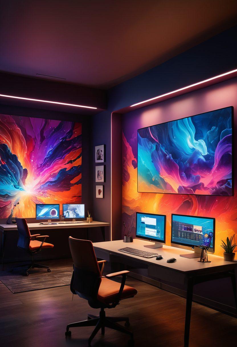 A dynamic, futuristic workspace showcasing diverse content creators collaborating on digital projects. Include screens displaying vibrant visual content like videos, graphics, and blogs, along with tools such as microphones, cameras, and drawing tablets. The atmosphere should feel energetic and innovative, with colorful lighting and abstract designs to embody creativity. super-realistic. vibrant colors. futuristic style.