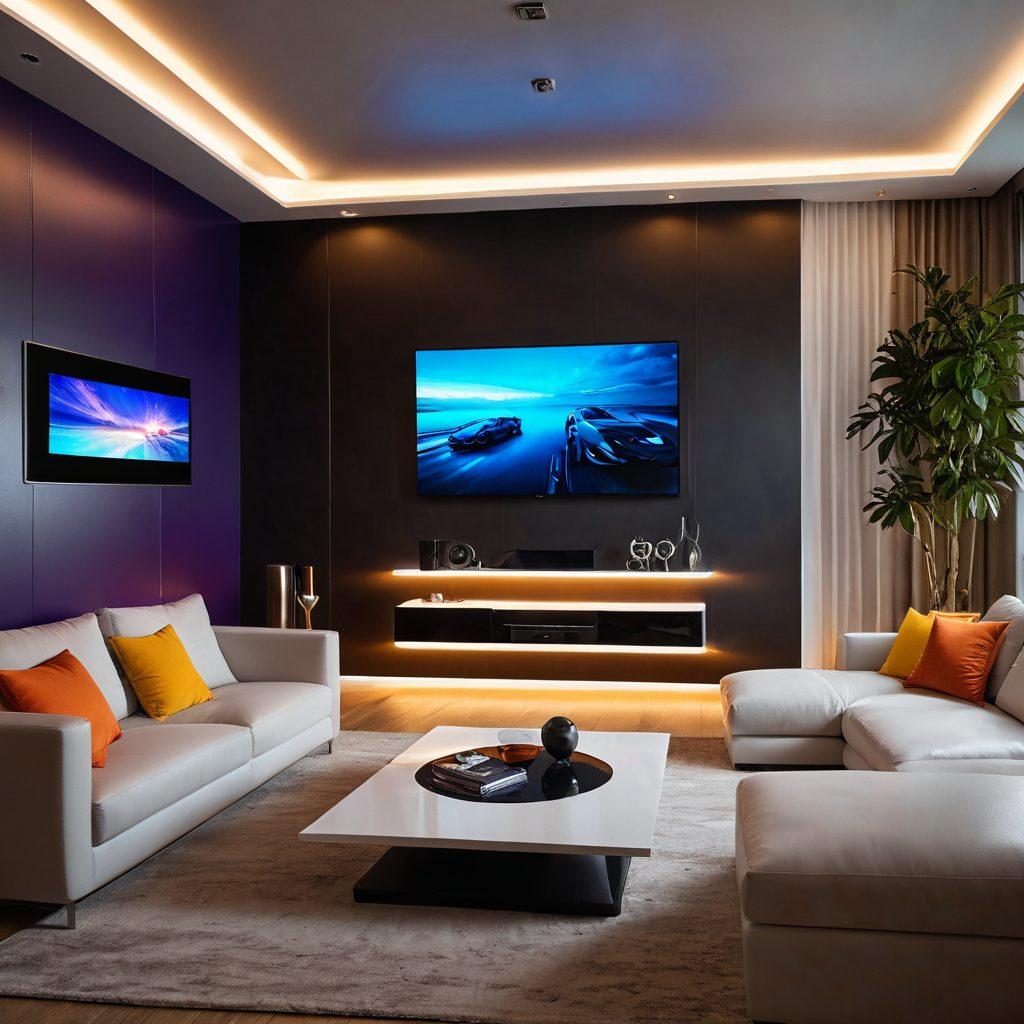 A futuristic living room with a sleek digital TV showcasing vibrant streaming content. Include diverse characters engaging with the technology, surrounded by innovative devices representing content creation, like advanced cameras and smart gadgets. The room should feel warm and inviting, with soft lighting and modern furniture. Elements of digital connectivity and cyberspace should be subtly integrated in the background. super-realistic. vibrant colors. warm tones.